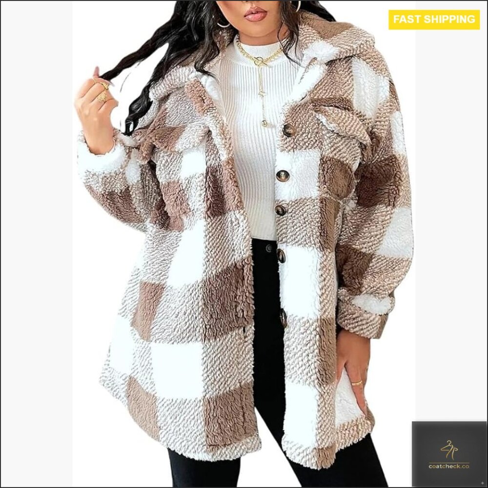 Faux Fur Teddy Coat Plaid Jacket Relaxed Fit Sherpa Fleece Winter Essential